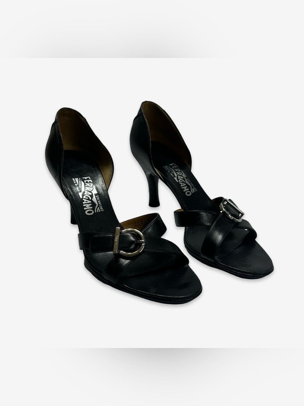 Salvatore Ferragamo D'Orsay Style Black Heels Timeless Open Toe Leather Sz 9.5B